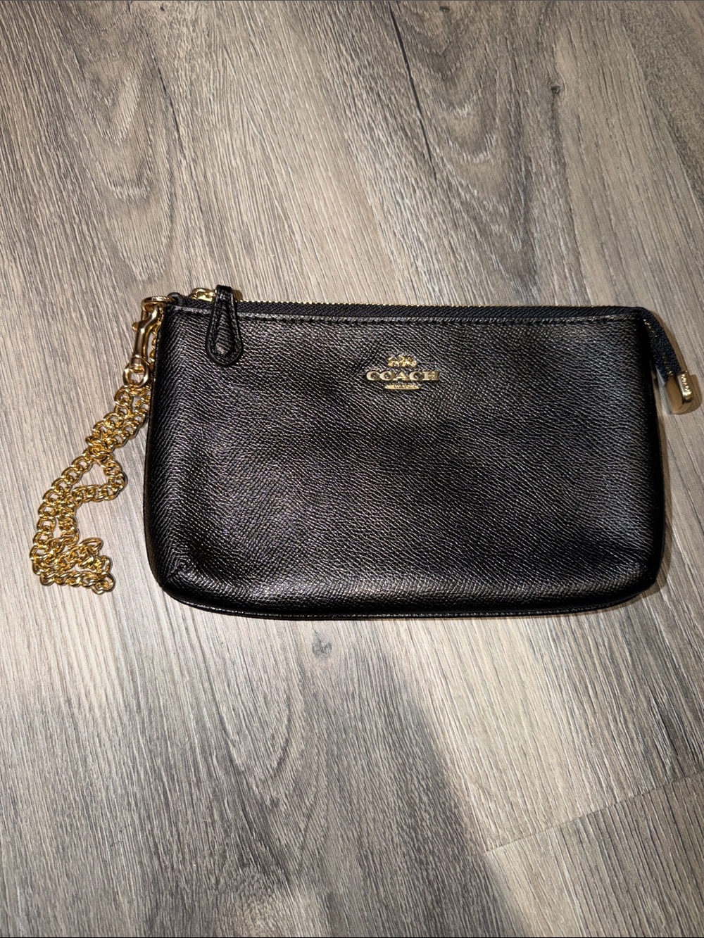 NWT Coach Black Leather Wristlet with Gold Chain Accent